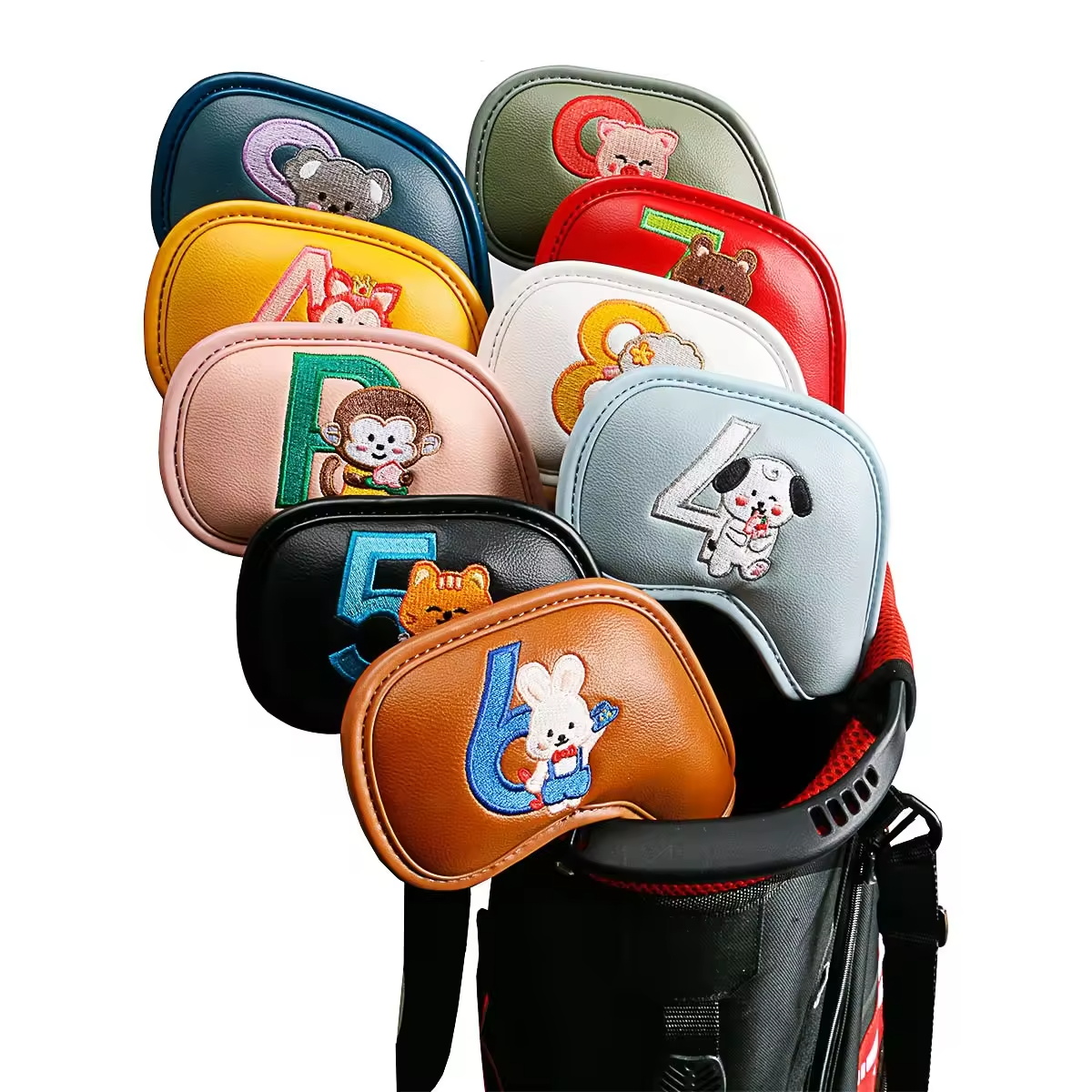 Golf Equipment Industry - ชุดคลุมหัวไม้กอล์ฟลายการ์ตูนสัตว์น่ารัก 9 ชิ้น, วัสดุหนัง PU ปักลาย,